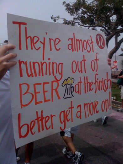 Runner Things #1657: They're almost running out of beer at the finish. Better get a move on! - fb,running-humor,signage