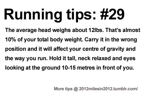 Runner Things #2174: The average head weighs about 12lbs. That's almost 10% of your total body weight. Carry it in the wrong position and it will affect your centre of gravity and the way you run. Hold it tall, neck relaxed and eyes looking at the ground 10-15 metres in front of you.