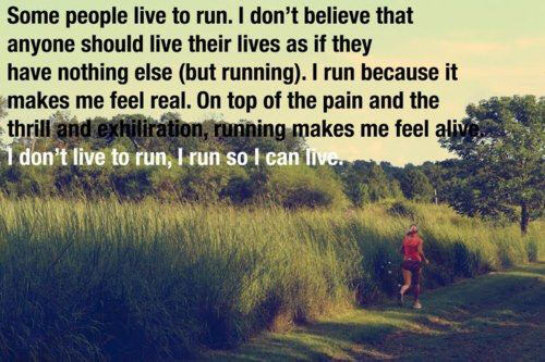 Runner Things #2394: Some people live to run. I don't believe that anyone should live their lives as if they have nothing else (but running). I run because it makes me feel real. On top of the pain and the thrill and exhilaration, running makes me feel alive. I don't live to run, I run so I can live.