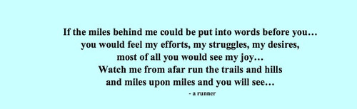 Runner Things #2505: If the miles behind me could be put into words before you, you would feel my efforts, my struggles, my desires. Most of all you would see my joy. Watch me from afar run the trails and hills and miles upon miles and you will see, a runner.