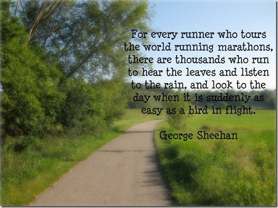 Runner Things #87: For every runner who tours the world running marathons, there are thousands who run to hear the leaves and listen to the rain, and look to the day when it is suddenly as easy as a bird in flight. - George Sheehan
