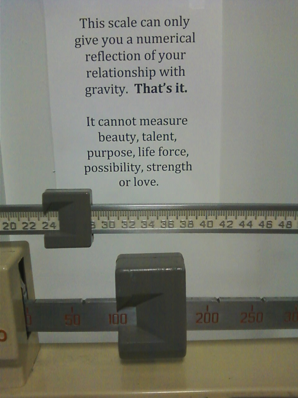 Runner Things #497: This scale can only give you a numerical reflection of your relationship with gravity. That's it. It cannot measure beauty, talent, purpose, life force, possibility, strength or love.